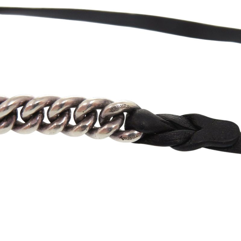 Hermes Vintage Chain Silver 925 Leather Bracelet Black 1312 — view 4