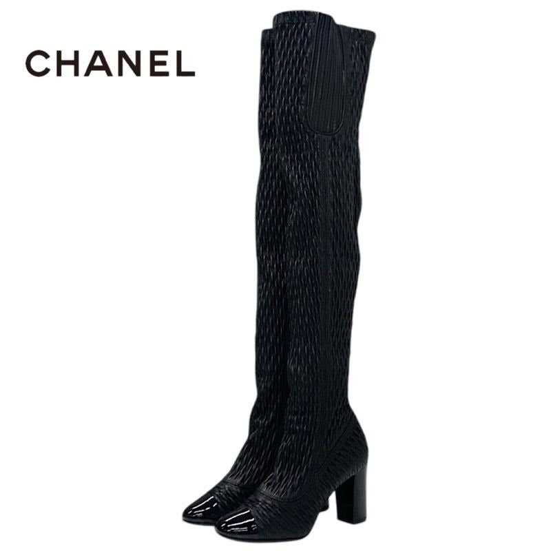 Chanel Boots Long Shoes Leather Black Knee High Coco Mark