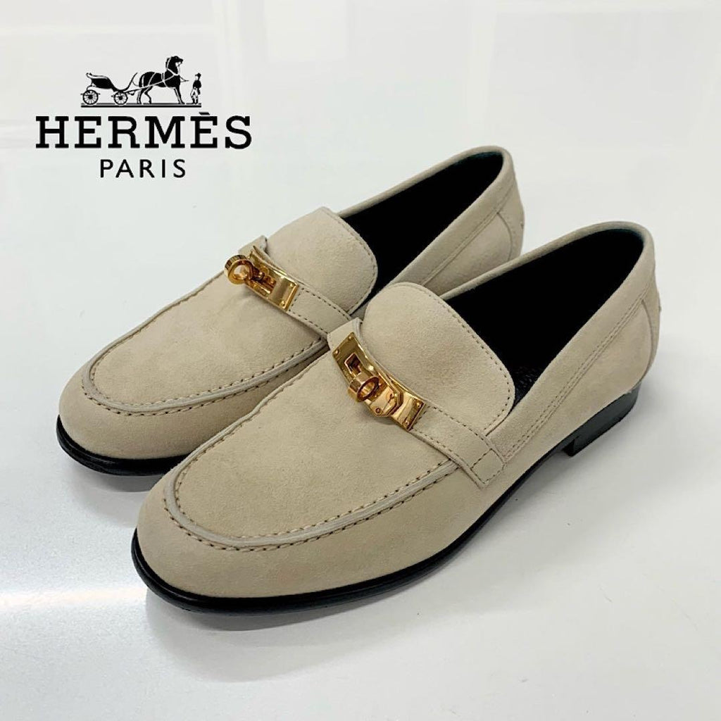 Hermes D'estaing Suede Kelly Hardware Loafers Beige