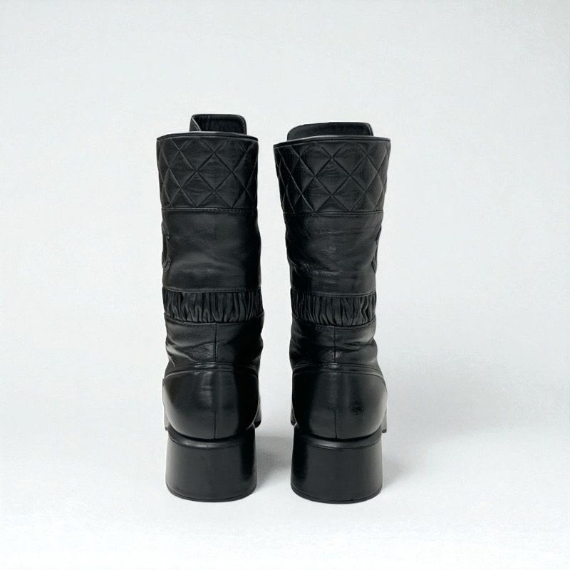 Chanel Boots Short Shoes Leather Black Coco Mark Quilted Lace Up Middle — view 5