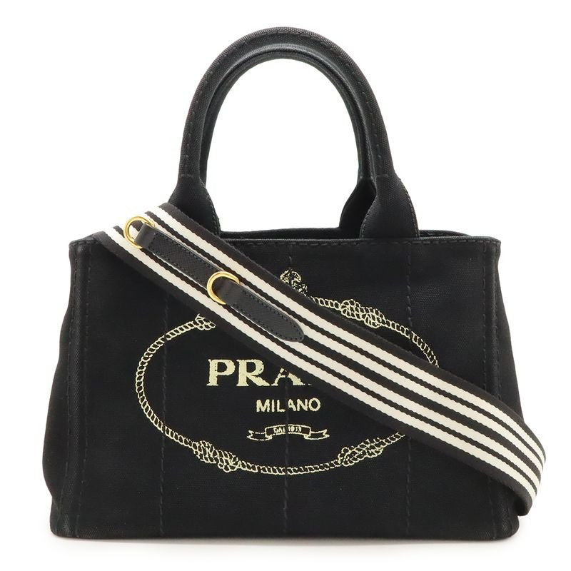 Prada Canapa Tote Bag 2-Way Shoulder Striped Canvas Nero Black