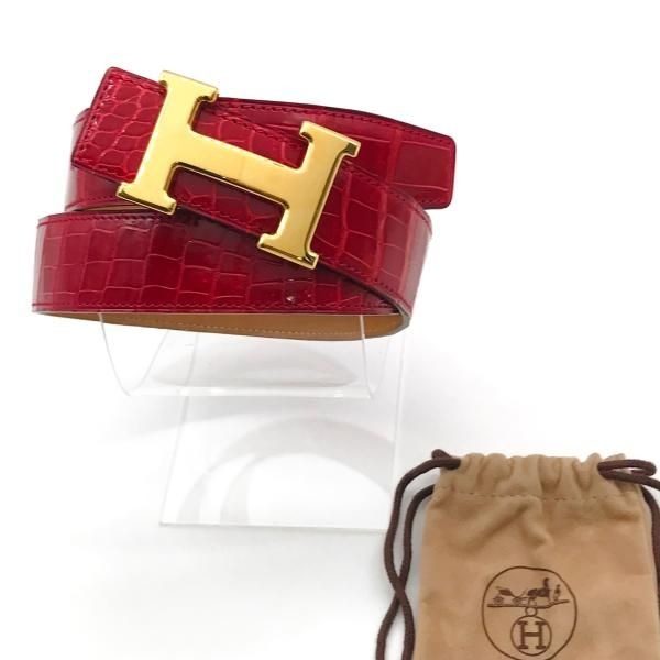 Hermes Constance Croco Porosus Buckle Belt Shikaku Red Gold — view 2