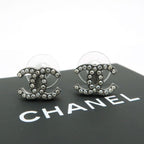 Chanel Coco Mark Earrings F19 V Rhinestone Metal Gunmetal Box