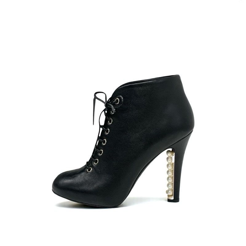 Chanel Boots Short Shoes Leather Black Booties Lace Up Coco Mark Pearl — view 3