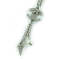 Chanel F25 C Coco Mark Rhinestone Faux Pearl Necklace Pendant Silver