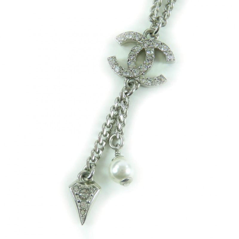 Chanel F25 C Coco Mark Rhinestone Faux Pearl Necklace Pendant Silver — view 2