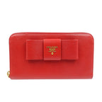 Prada Ribbon 1 M0506 Saffiano Leather Gold Hardware Red Round Zipper Long Wallet
