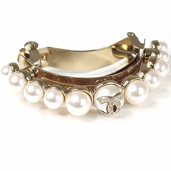 Chanel Pony Barrette Hair CC Logo Rhinestone Faux Pearl Gold