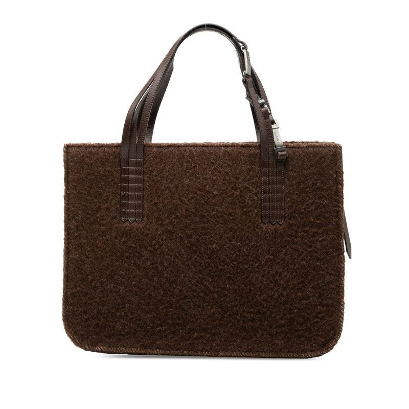 Chanel Logo Tote Shoulder Bag Brown Shearling Leather