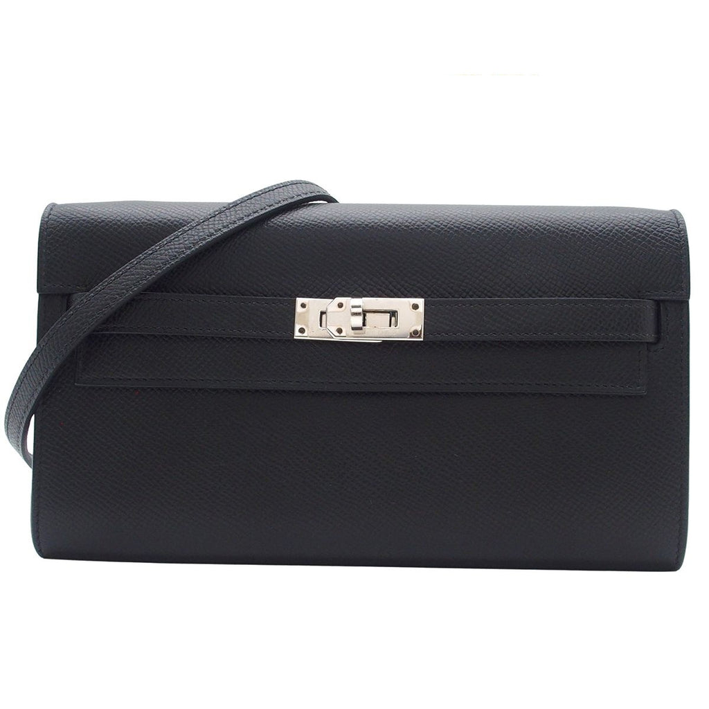 Hermes Kelly Wallet Long to Go Black Silver Epsom Shoulder Bag