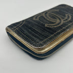 Chanel Sparkling Denim Zip Around Wallet CC Logo Blue Gold