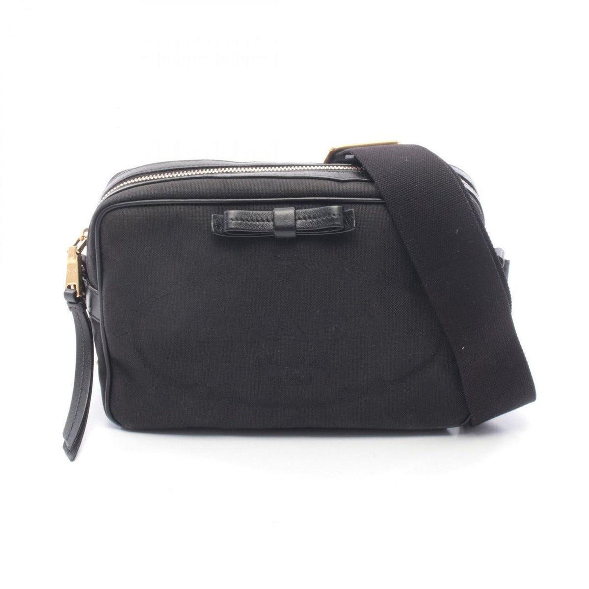 Prada Shoulder Bag Logo Jacquard Black Canvas Leather Ribbon