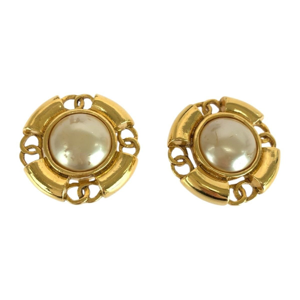 Chanel Faux Pearl CC Logo Gold White Plated Earrings 93