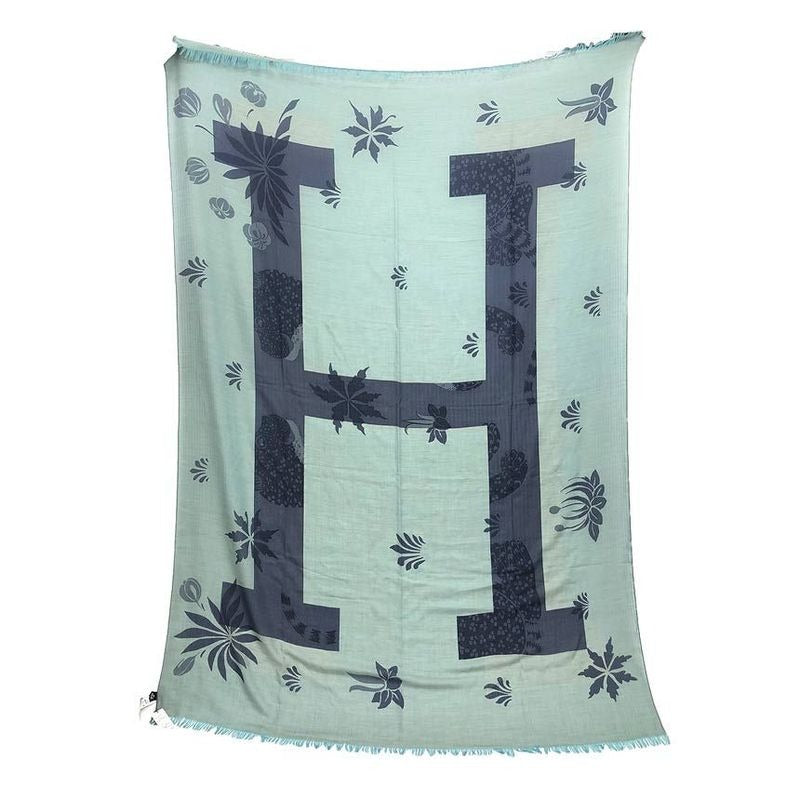 Hermes Plaid Super Large Shawl Blanket Cashmere Wool Green H Pattern