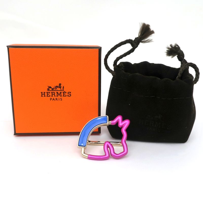 Hermes Scarf Ring Cheval Neon Pink Blue Gold Hardware Accessories — view 8