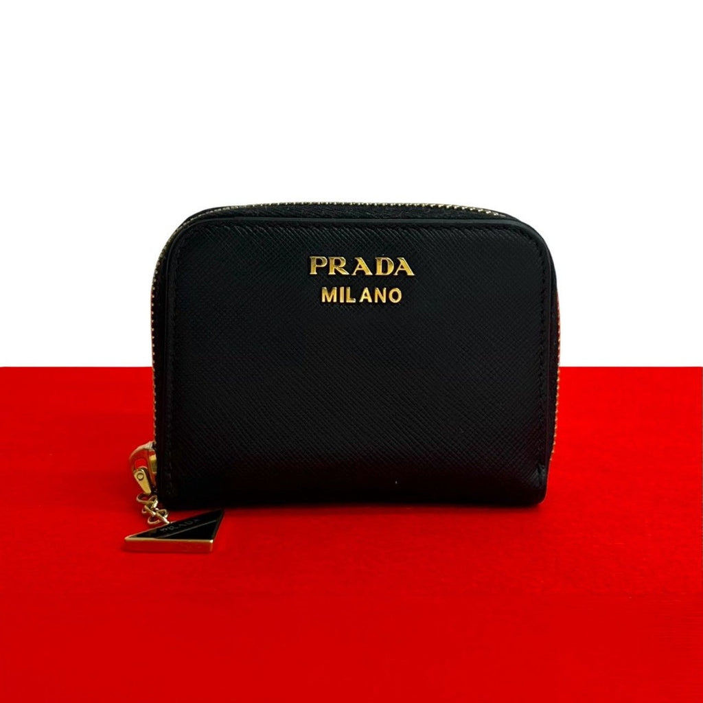 Prada Logo Saffiano Leather Round Zip Coin Case