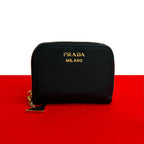 Prada Logo Saffiano Leather Round Zip Coin Case