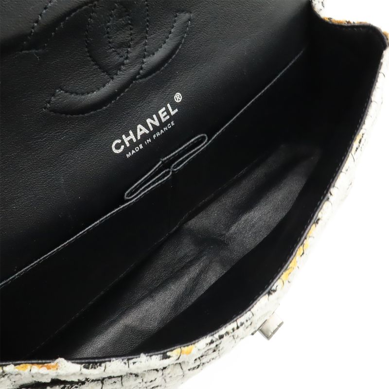 Chanel 255 Tweed Double Flap Chain Bag Shoulder Flower Motif Leather White Black — view 8