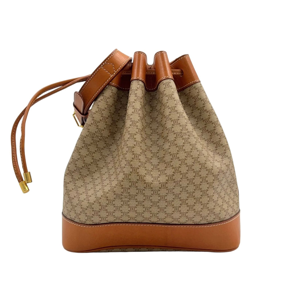 Celine Macadam Drawstring Leather Beige Light Brown Shoulder Bag Gold