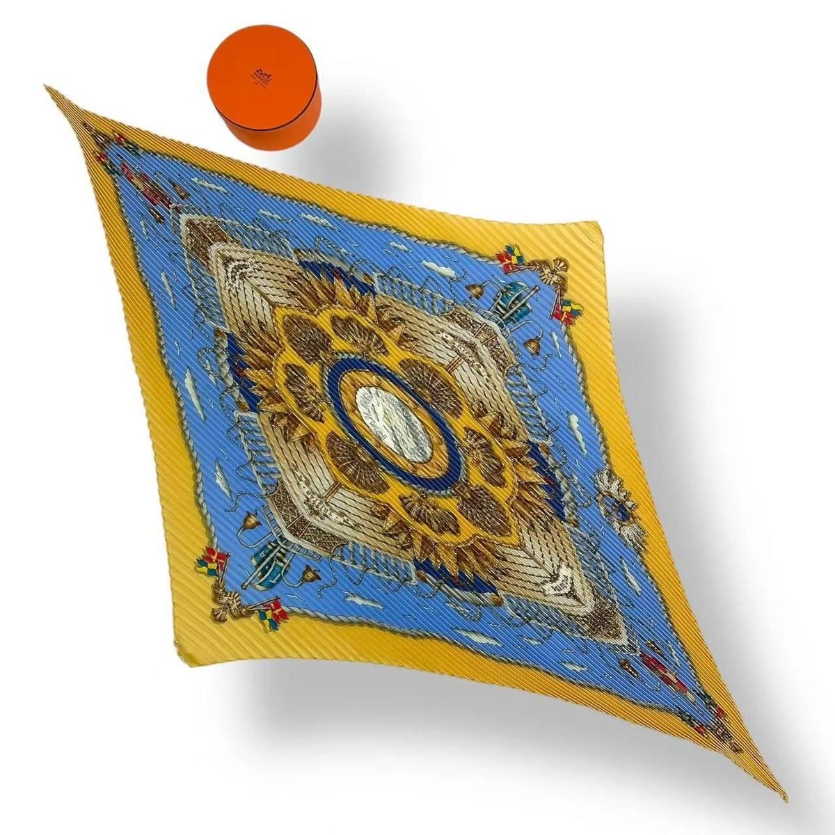 Hermes Pleated Scarf Silk Railing Ship Handrail Yellow