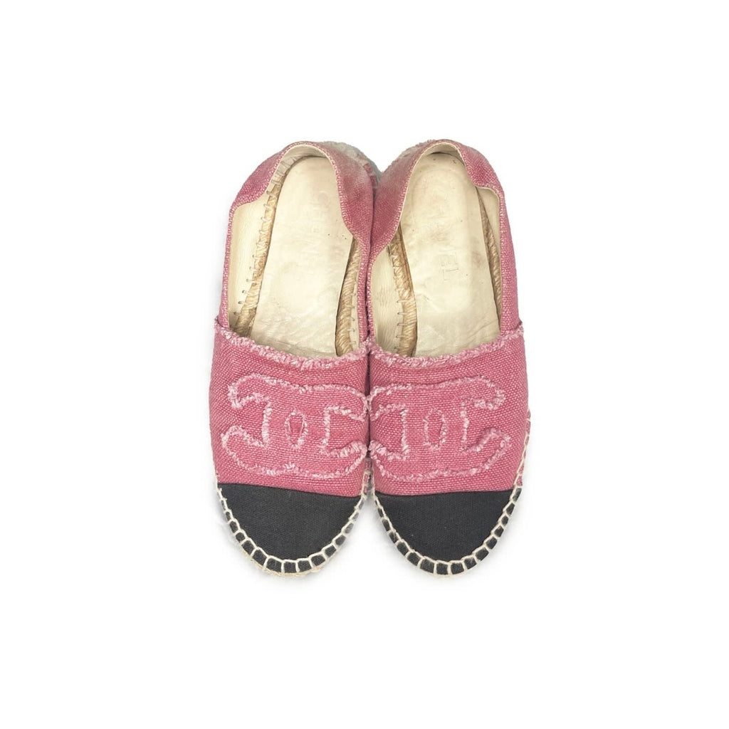 Chanel CC Logo Linen Pink Black Espadrilles Flats Shoes 38 — view 3