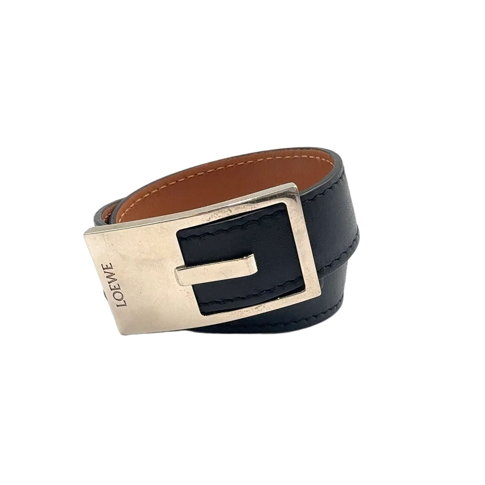 Loewe Plate Buckle Style Choker Leather Black Bracelet Silver