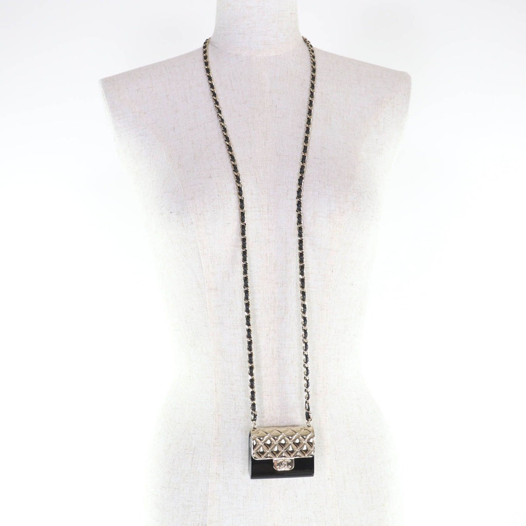 Chanel Quilted Bag Motif CC Logo Pircas Leather Chain Necklace Black — view 7