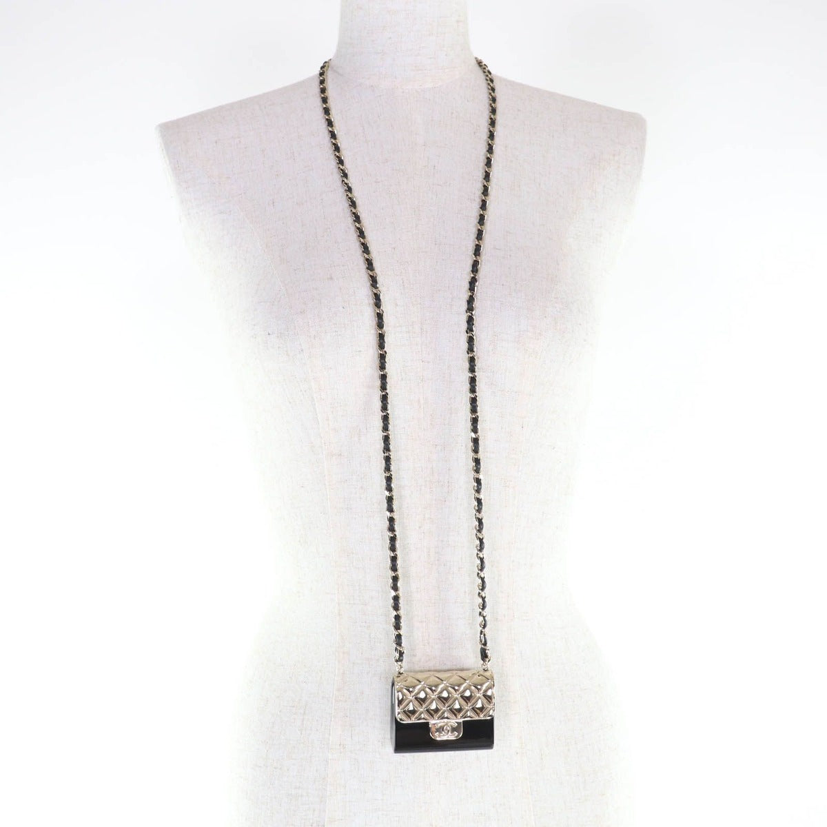 Chanel Quilted Bag Motif CC Logo Pircas Leather Chain Necklace Black — view 7