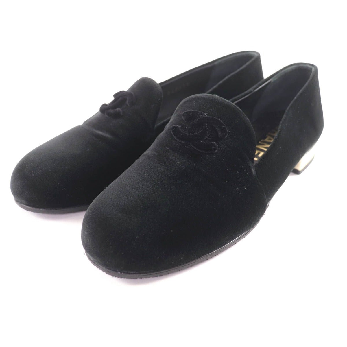 Chanel 23K Velour CC Logo Almond Toe Loafers Flat Shoes Black 36.5