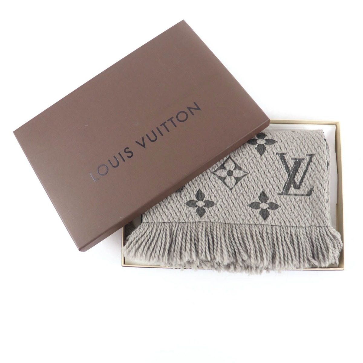 Louis Vuitton Echarpe Logo Mania Wool Silk Blend Scarf with Fringe Grey — view 2