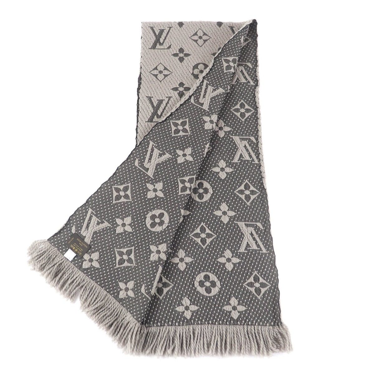 Louis Vuitton Echarpe Logo Mania Wool Silk Blend Scarf with Fringe Grey — view 3