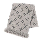 Louis Vuitton Echarpe Logo Mania Wool Silk Blend Scarf with Fringe Grey
