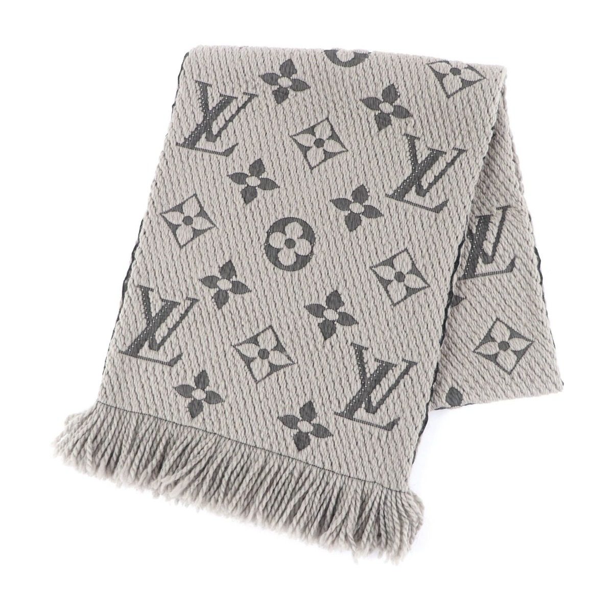 Louis Vuitton Echarpe Logo Mania Wool Silk Blend Scarf with Fringe Grey