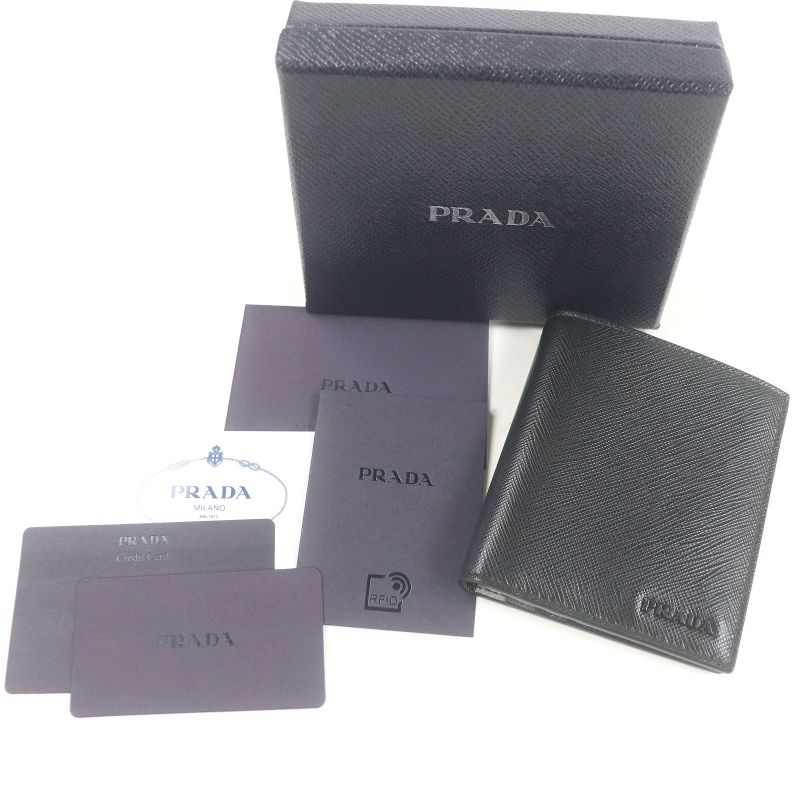 Prada 2 Mo004 Logo Plate Saffiano Martic Leather Bifold Card Case Billfold Nero — view 2