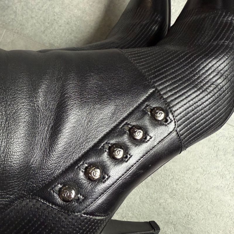 Chanel Pointed Toe Coco Mark Button Leather Zip Boots 37 1 2 C — view 4