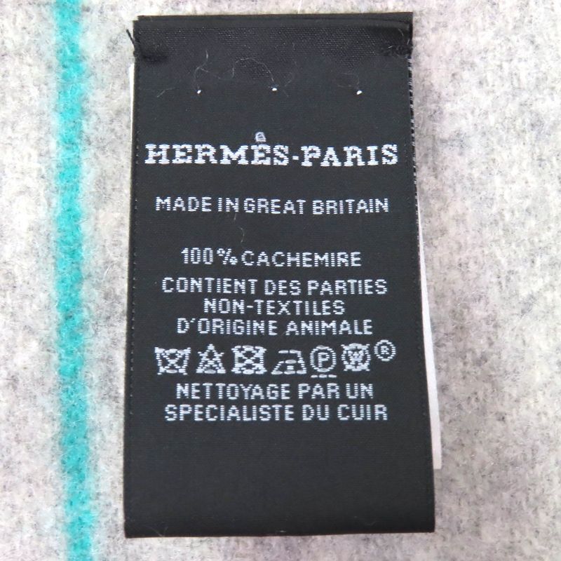 Hermes Neo Lo Cabasol 100% Cashmere Gris Chine Logo Leather Patch Fringe Scarf — view 8