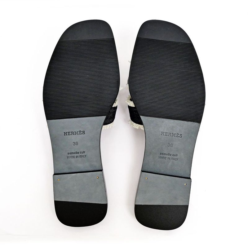 Hermes Oran Fringe BL Denim Navy Brown 36 Sandals Shoes — view 8