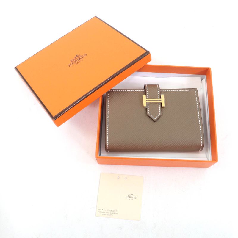 Hermes Bearn Mini Etoupe Vaux Epson Gold Hardware H Logo Wallet — view 2