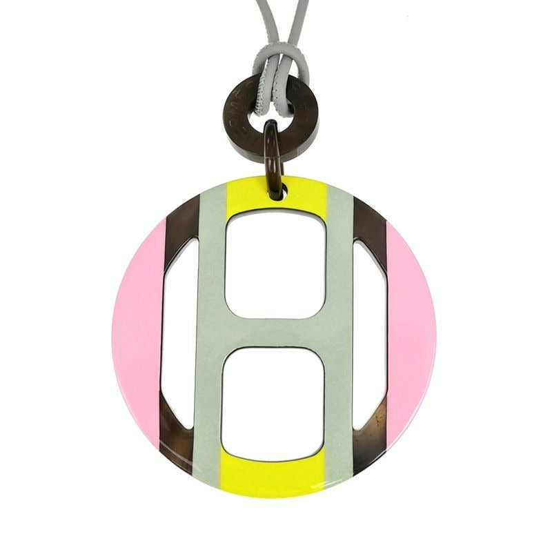 Hermes Necklace H Equipe Buffalo Horn Pink Gray Yellow Pendant — view 2
