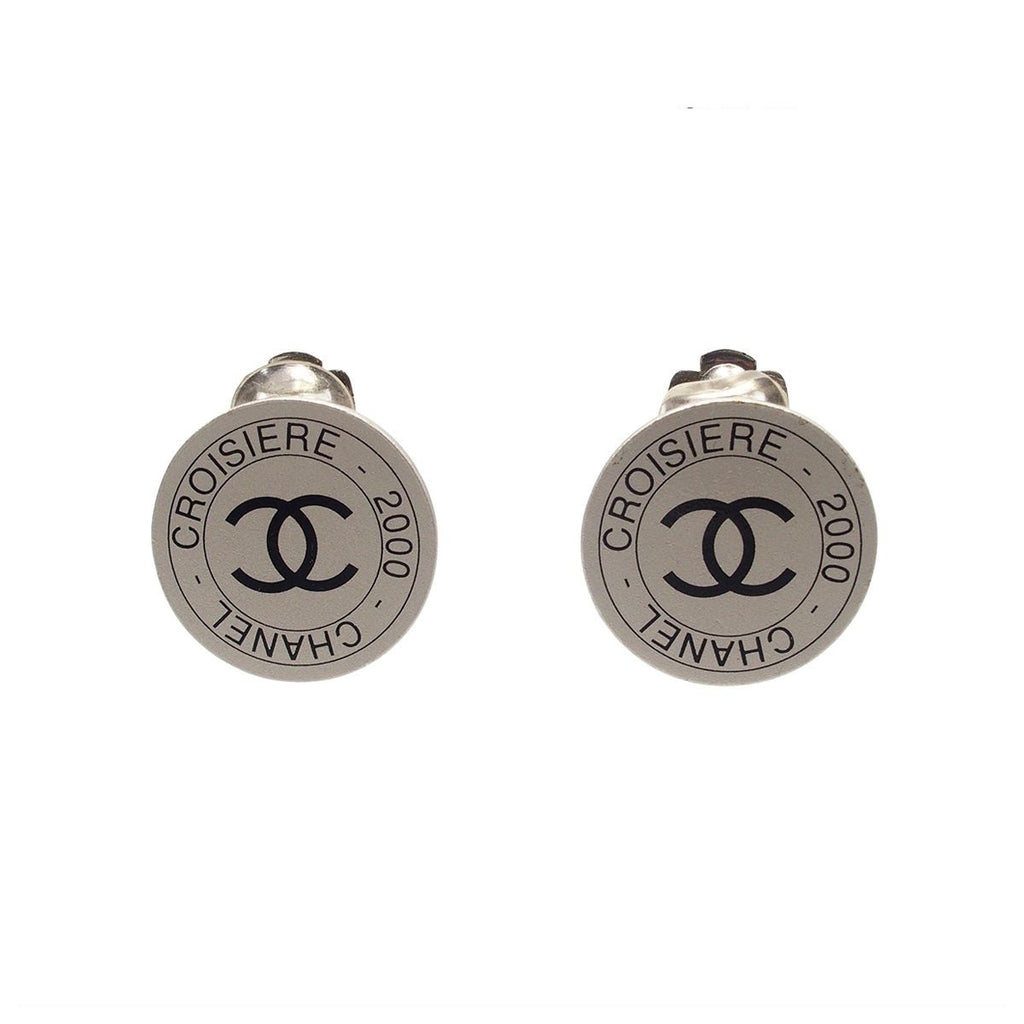 Chanel Earrings Silver Metal Round CC Logo Costume 00c