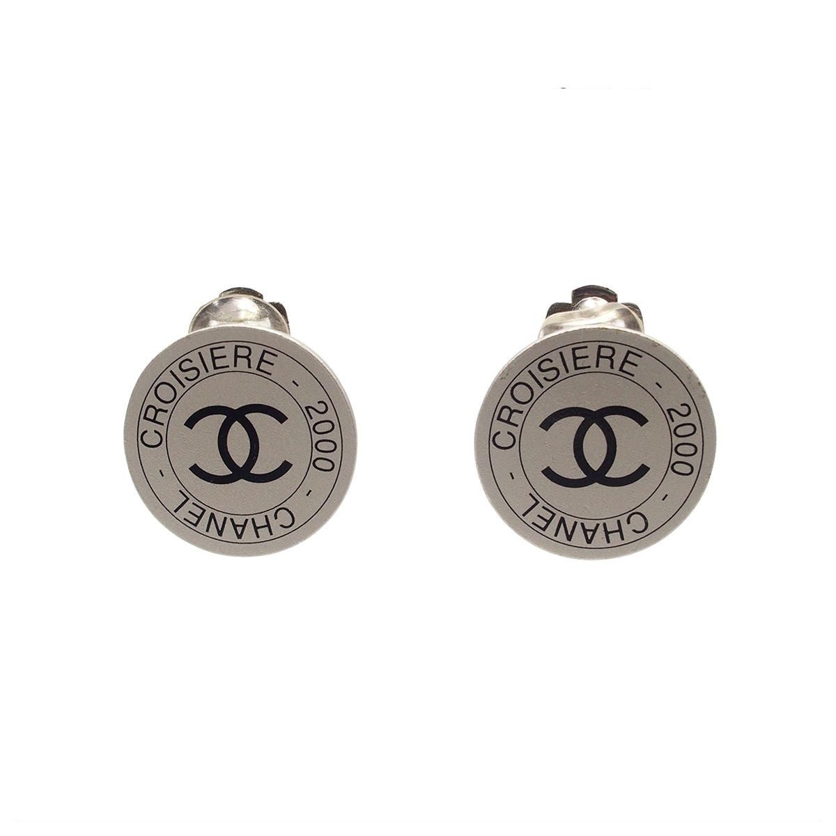 Chanel Earrings Silver Metal Round CC Logo Costume 00c