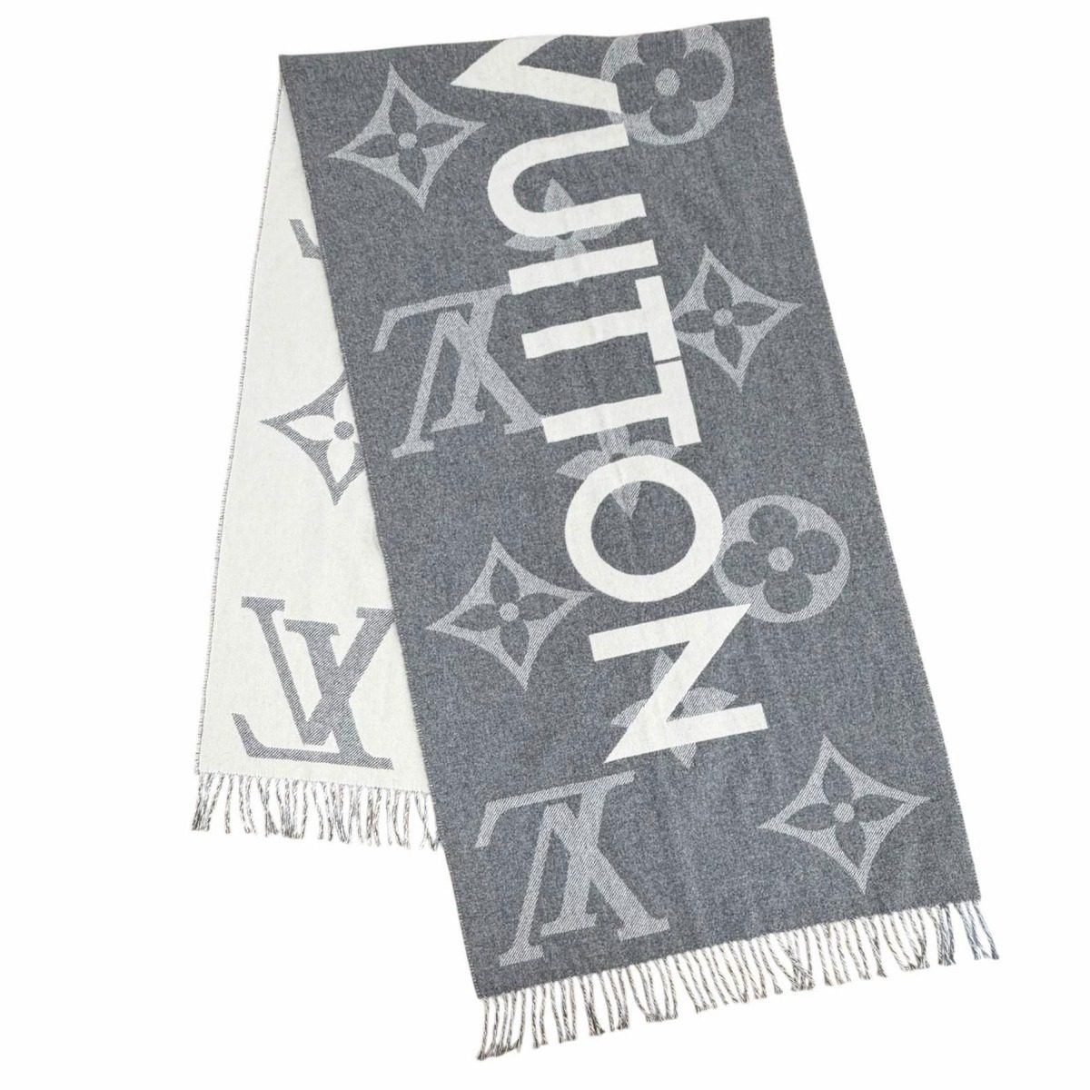 Louis Vuitton Echarpe Monogram Capital Cashmere Wool Scarf with Fringe Gray Off — view 2