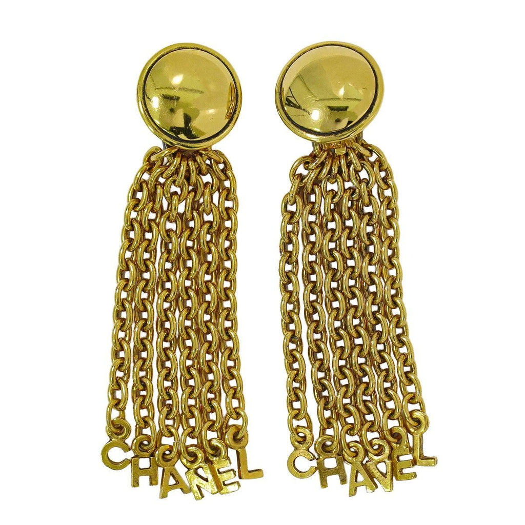 Chanel Logo Tassel Earrings Gold Plated