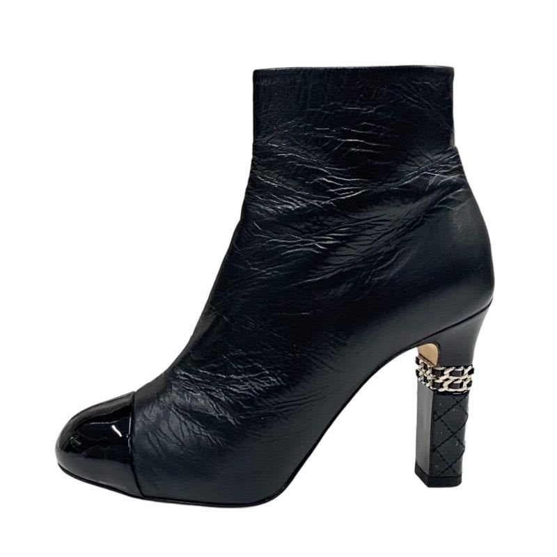 Chanel Boots Short Shoes Leather Patent Black Silver Coco Mark Chain — view 3