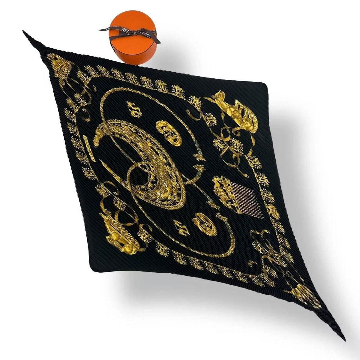 Hermes Pleated les Cavaliers D'or Golden Knight Scarf Silk Black
