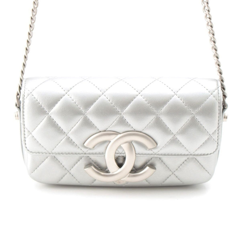 Chanel Leather Quilted Big CC Logo Chain Shoulder Bag Silver