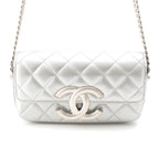 Chanel Leather Quilted Big CC Logo Chain Shoulder Bag Silver