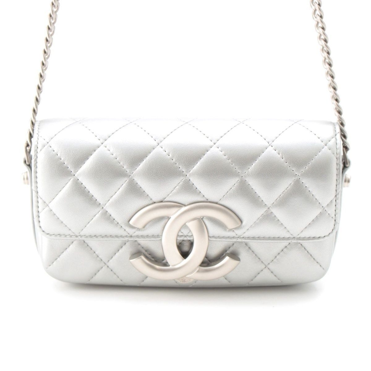 Chanel Leather Quilted Big CC Logo Chain Shoulder Bag Silver