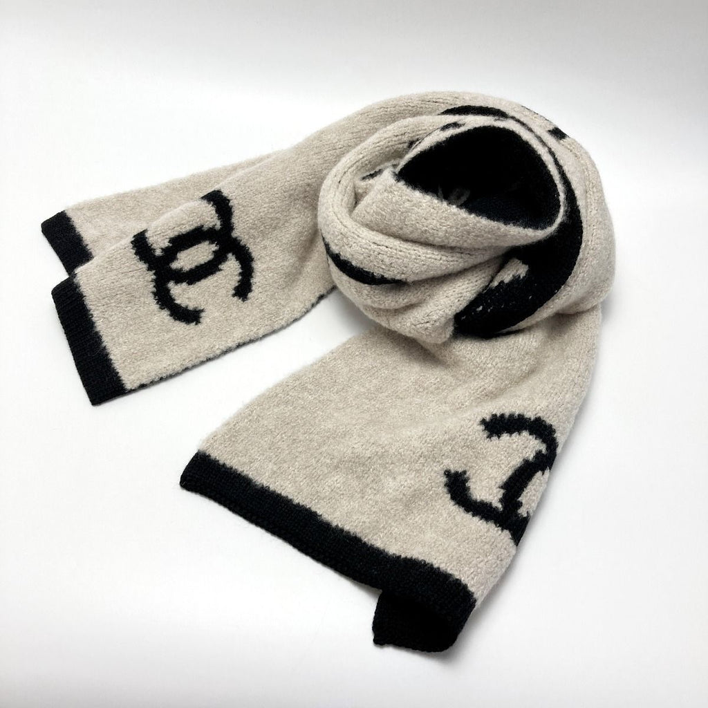Chanel Logo Camellia Muffler Beige Black Wool Cashmere Silk Stole Scarf — view 3