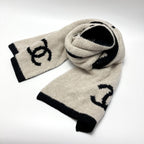 Chanel Logo Camellia Muffler Beige Black Wool Cashmere Silk Stole Scarf — view 3